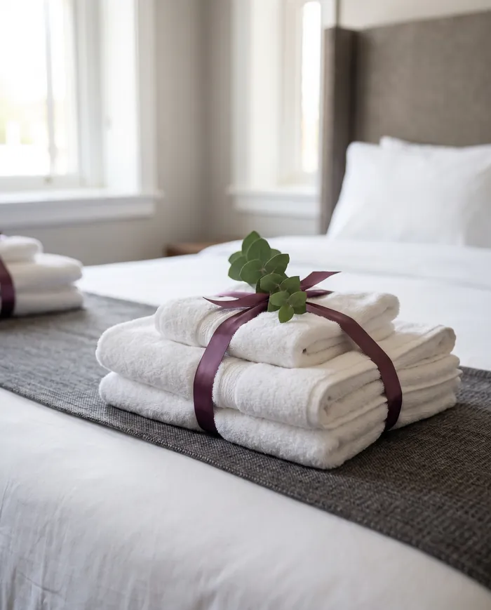 Toallas dobladas con eucalipto sobre la cama